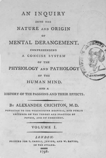 Coperta lucrării „O anchetă privind natura și originea deranjamentelor mintale”, Dr. Alexander Chricton, 1798