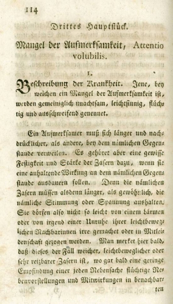 Fragment din lucrarea "Mangel der Aufmerksamkeit, Attentio Volubilis", redactată în 1775,aparținând doctorului Melchior Adam Weikard